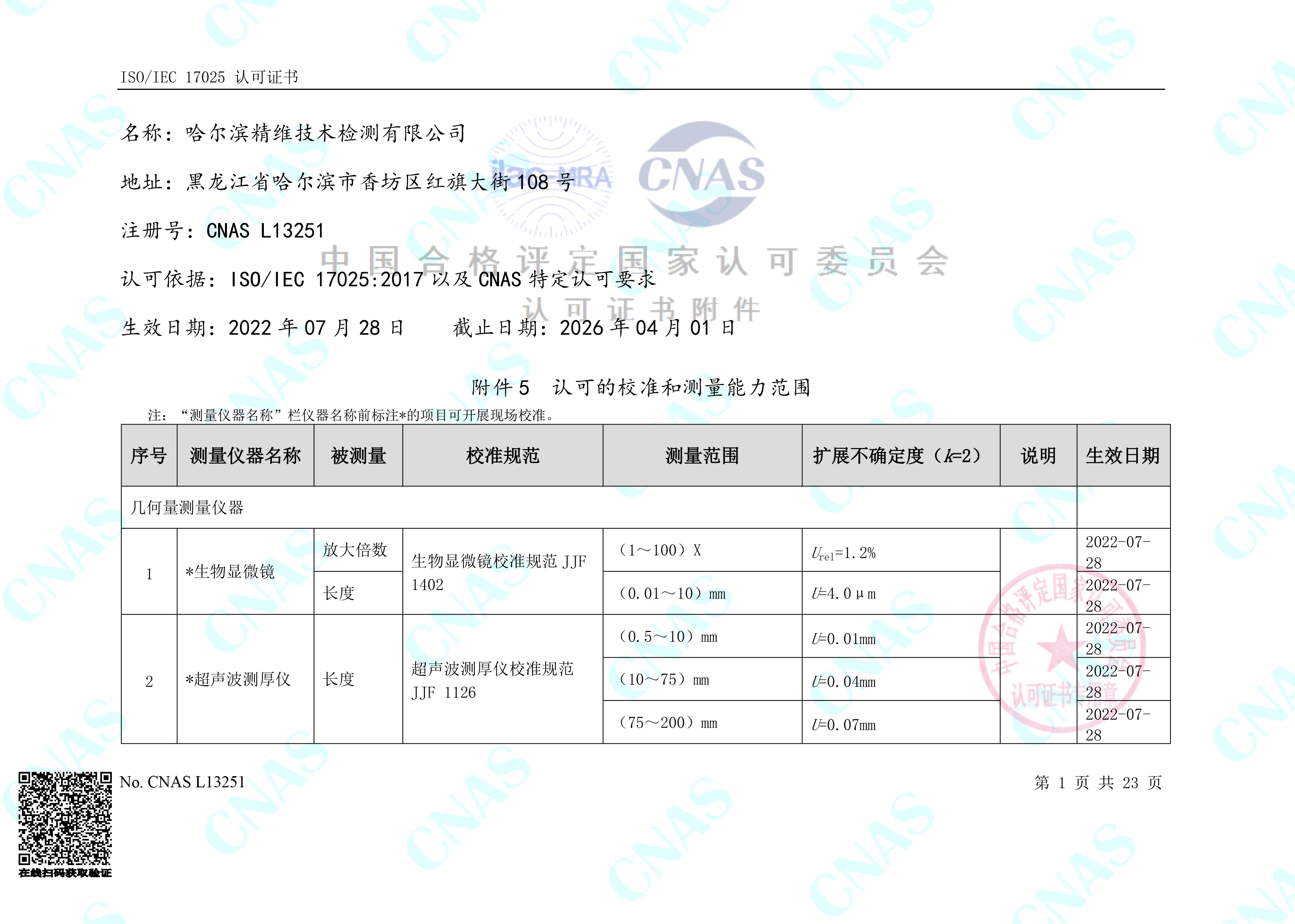 校准和测量能力范围